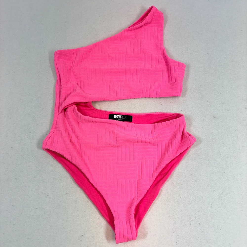Beach Riot One Piece Swimsuit Womens Medium Pink One Shoulder Cutout Terry